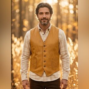Men's Leather Button Vest in Caramel Brown